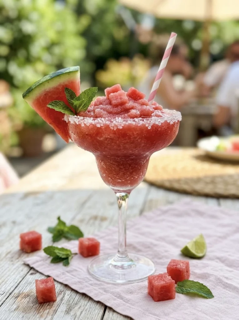watermelon slushie cocktail in a fancy glass with a straw at an outdoor party